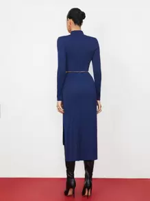 BizChic 女士高領空心上衣和裙子套裝 - 藍色 - 查看 2