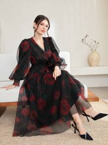 Modelyn Women's Rose Printed Mesh Modest Long Lantern Sleeve Dress With Belt Long Evening Dresses - Multicolor - View 1