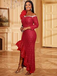不对称下摆蕾丝派对礼服，带褶边和亮片装饰 - 酒紅色 - 查看 5