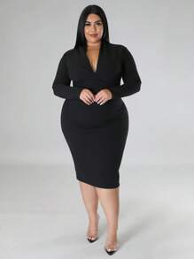 Plus Size Women'S Deep V Bodycon Dress - Black - View 5