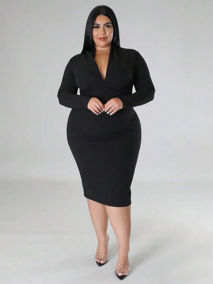 Plus Size Women'S Deep V Bodycon Dress - Black - View 5