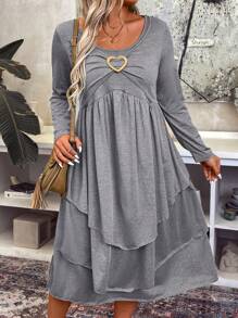 SHEIN LUNE Plus Size Women's Ruffled Hem Pleated Dress - Dark Grey - View 3