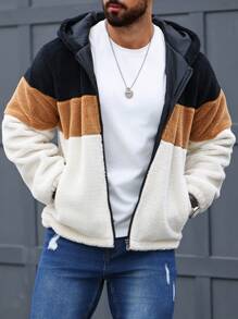 Manfinity Homme Men's Colorblock Zipper Up Hooded Plush Jacket, Colorful, Husband, Long Sleeve, Warm Jacket, Sherpa, Men Zip Up Fleece Hoodie, Winter - Beige - View 3