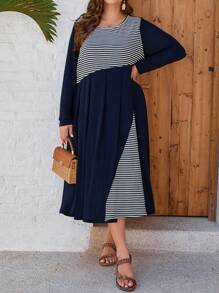 EMERY ROSE Vestido De Manga Larga Con Rayas Y Talla Grande - Azul Marino - Ver 1