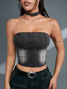 SHEINNeu 1件水洗剪裁無肩帶牛仔上衣 - 黑色 - 查看 2