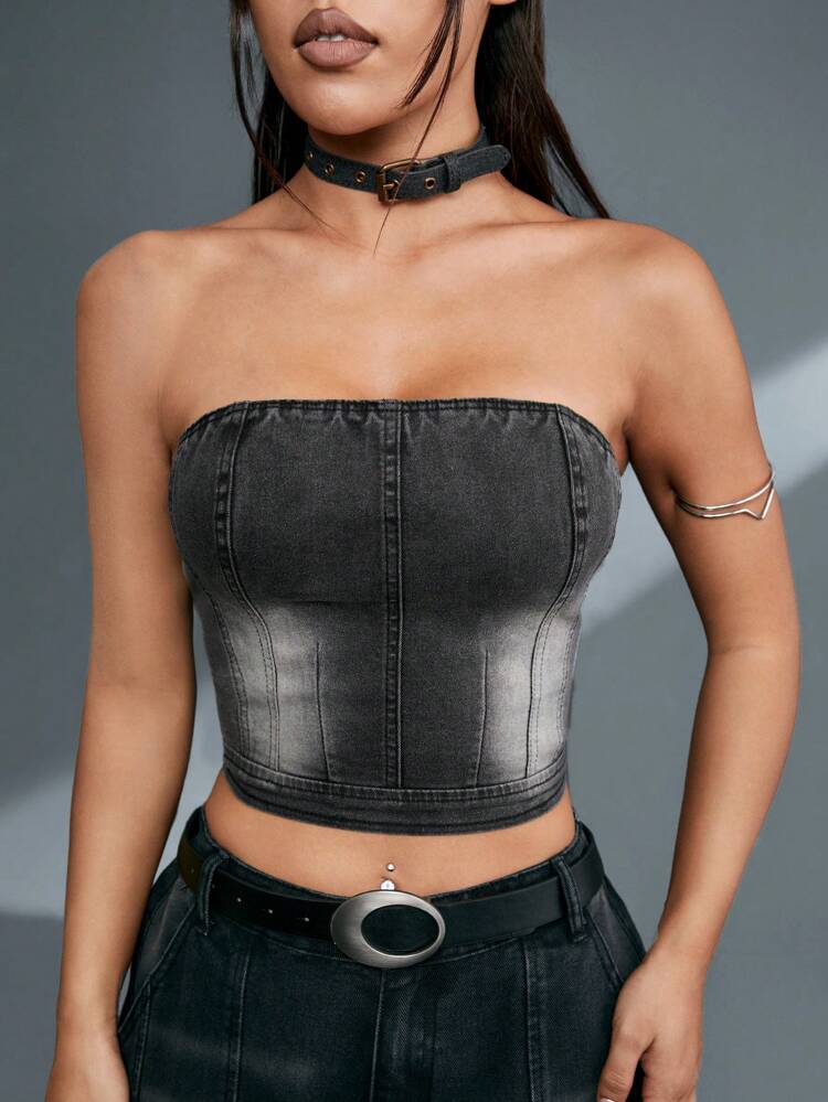 1pc Water-Washed Cropped Strapless Denim Top