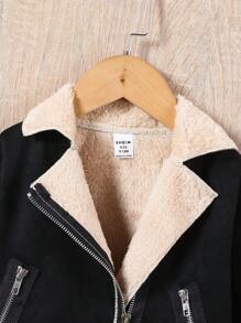 女婴时尚街头服饰凉爽秋冬夹克，带保暖衬里、绒面革拼接、毛领和拉链 - 黑色 - 查看 3