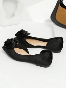 低帮女尖头纯色秋季新款花朵温柔优雅平底鞋 - 黑色 - 查看 5