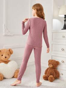 少女簡約風長袖長褲貼身兩件套家居服裝 - 藕粉色 - 查看 2