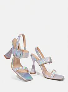 扣環裝飾露跟方頭高跟涼鞋 - 銀色 - 查看 5