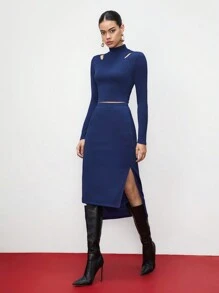 BizChic 女士高領空心上衣和裙子套裝 - 藍色 - 查看 5