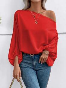 EMERY ROSE Áo cánh tay đèn lồng cổ bất đối xứng cho trang phục năm mới Áo một bên vai vải thu cho nữ - Đỏ - Xem 4