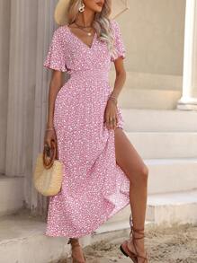 Breezaya Flower Print V-Neck Ruffle Short Sleeve Dress Maxi Vacation Beach Outfits Women - Pink - View 4