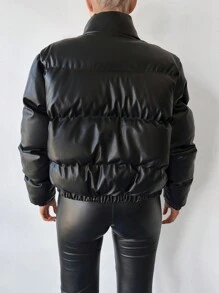 EURMUSE Slant Pocket Zip Up Puffer Coat - Black - View 2