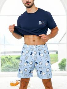 Men Cartoon Graphic PJ Set / Pajama Set - Blue - View 3