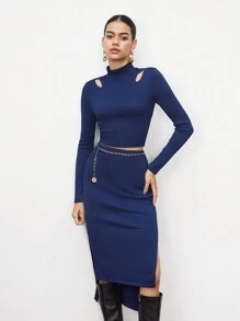 BizChic 女士高領空心上衣和裙子套裝 - 藍色 - 查看 6