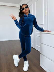 Tween Girls' Stylish Party Solid Color Velvet Hooded Long Sleeve Suit - Teal Blue - View 5