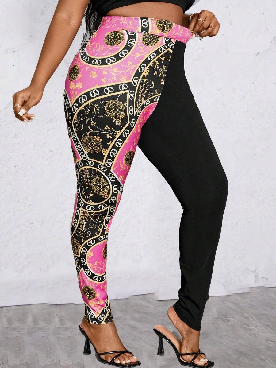 Maweii Plus Size Printed Patchwork Leggings - Black - View 1