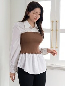 DAZY Women'S Colorblock Knitted Ribbed Shirt With Patchwork Design - Khaki - View 4