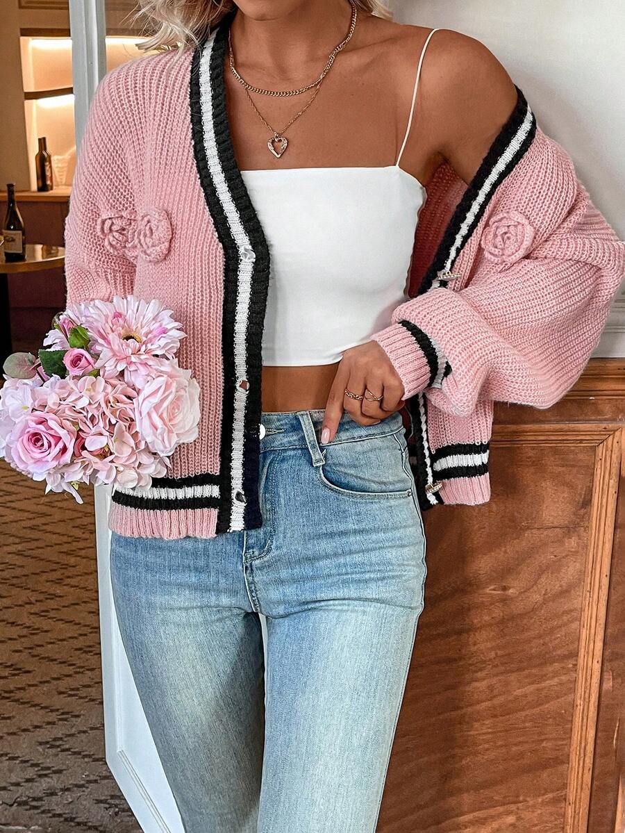 SHEIN Clasi Sọc Áo len Mở Với 3D Hoa Chỉnh trang - Nhiều màu - Xem 1