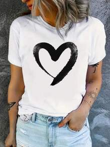 SHEIN EZwear 大尺碼女士愛心印花短袖t恤 - 白色 - 查看 1