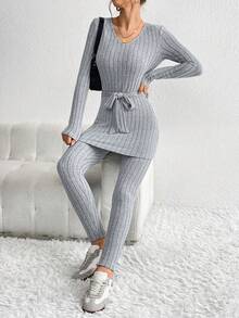 SHEIN Essnce 女式純色繫帶羅紋兩件套 - 灰色 - 查看 4