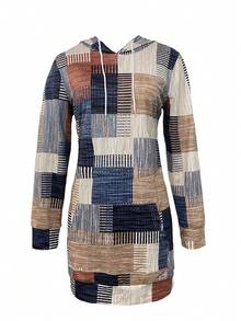 Women's Retro Plaid Drawstring Hooded Sweatshirt Dress, Fashionable For Autumn/Winter - Khaki - View 4
