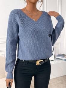 SHEIN LUNE Suéter Cruzado Con Detalle De Botones De Color Liso - Verde - Ver 3