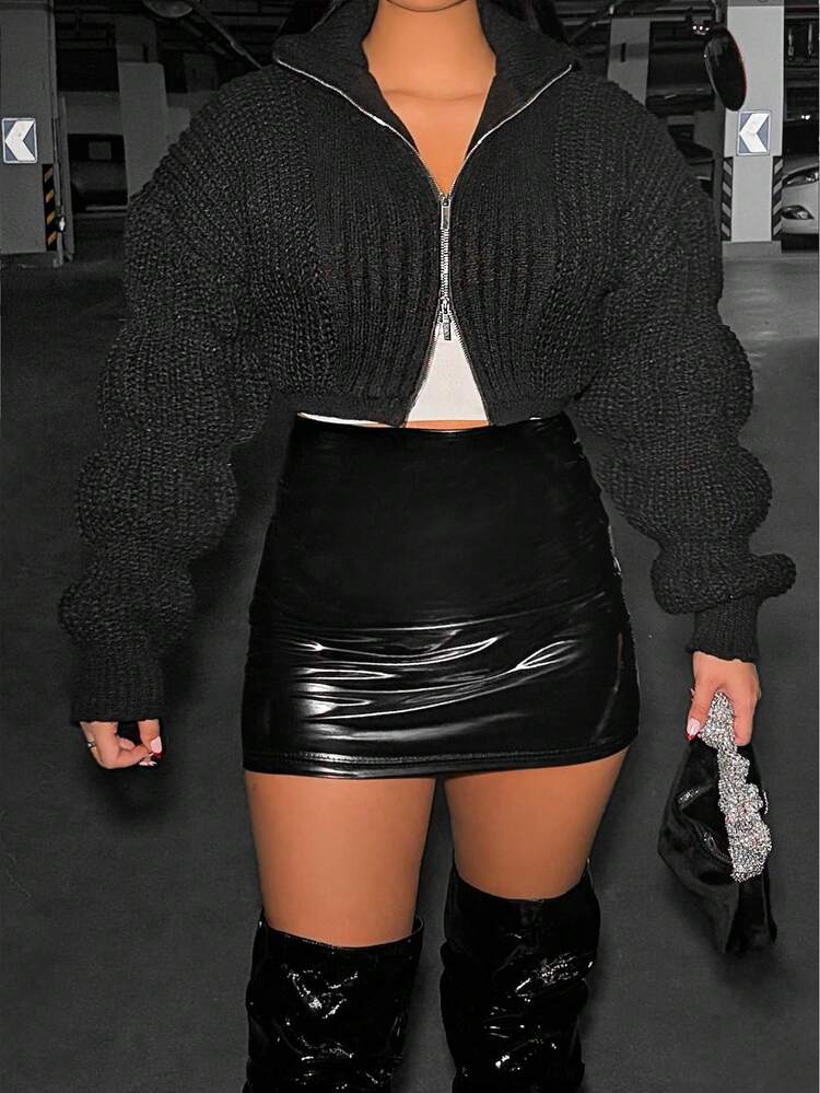 Front Zipper Long Sleeve Hooded Cardigan
