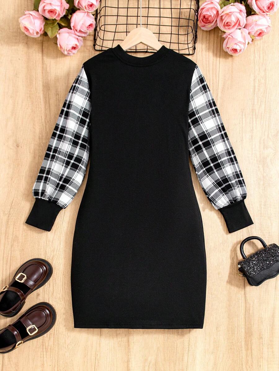 SHEIN Girls' Plaid Long Sleeve Dress - Black - View 1