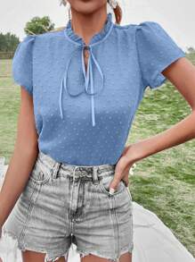 SHEIN VCAY Swiss Dot Puff Sleeve Tie Neck Blouse