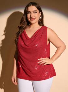 SHEIN Clasi 大尺碼披肩領閃爍無袖襯衫 - 紅色 - 查看 3