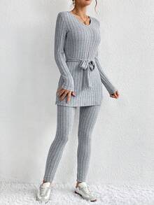 SHEIN Essnce 女式純色繫帶羅紋兩件套 - 灰色 - 查看 2