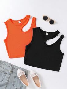 Teen Girls' Hollow Out Shoulder Tank Top - Multicolor - View 1