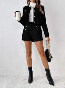 SHEIN Frenchy Women's Single Breasted Long Sleeve Jacket And Shorts Set Winter Elegant Black Spring - Black - View 4