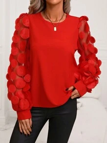 SHEIN ChicEase 网眼撞色长袖衬衫 - 紅色 - 查看 3