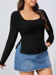 SHEIN EZwear Women's Plus Size Black Knitted Square Neck Long Sleeve T-shirt - Black - View 1