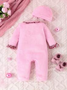 Infant Girls' Autumn Winter Letter Embroidery Jumpsuit With Hat - Pink - View 2