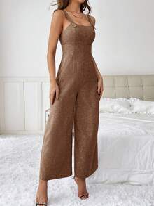 SHEIN Privé Quý cô Màu thuần Quần yếm Áo liền quần - màu nâu - Xem 5