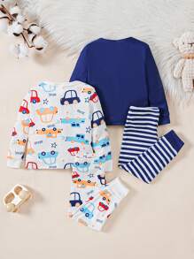 Ensemble De 2 Pièces Pour Bébé Garçon, Ajustement Confortable, Haut À Manches Longues À Imprimé Rayé De Dessin Animé De Voiture Et Pantalon Pour La Maison - Bleu azur - Voir 2