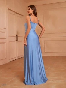 SHEIN Belle 成人荷葉邊高開衩下擺伴娘禮服 - 藍色 - 查看 2