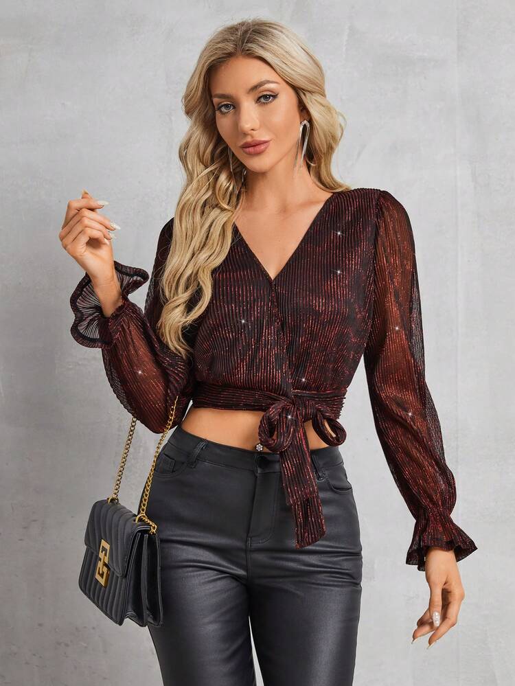 Women'S Tie-Front Cropped Blouse With Flounce Sleeves Christmas Winter New Year Elegant Red