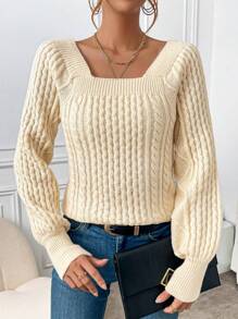 SHEIN Essnce 女款毛線針織無領毛衣 - 杏色 - 查看 1