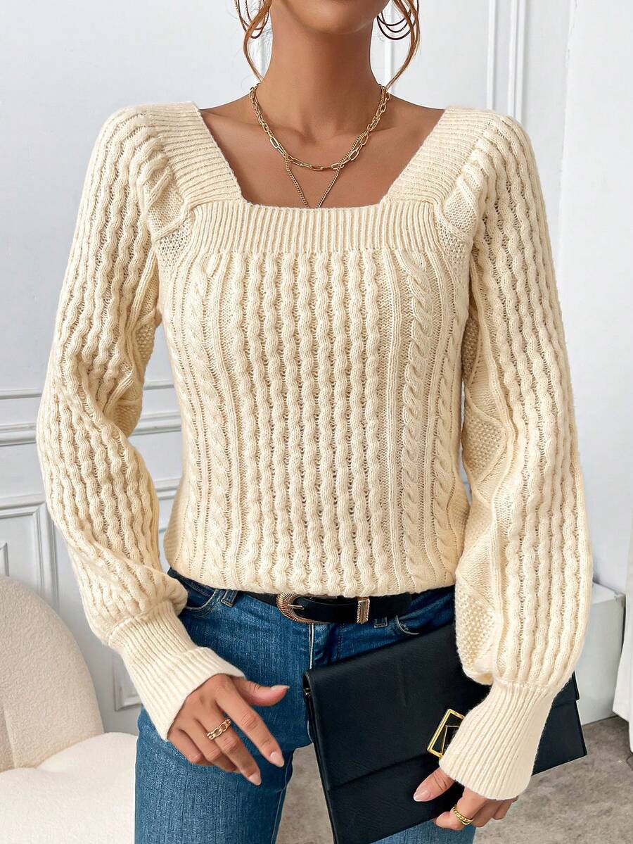 SHEIN Essnce 女款毛線針織無領毛衣 - 杏色 - 查看 1