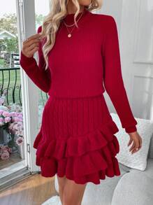 Chiquease Vestido Suéter Com Babados Em Várias Camadas Com Gola Alta E Cor Sólida - Vermelho - Ver 6