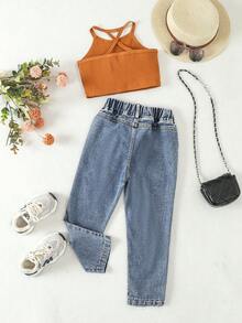 SHEIN 女童休閒羅紋掛脖上衣破洞牛仔長褲兩件套 - 彩色 - 查看 2