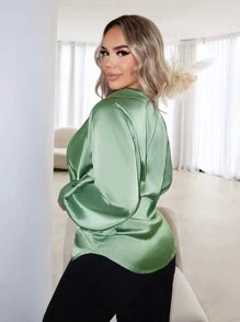 SHEIN SXY Spring Women Clothes Satin Swing Collar Women's Long Sleeve Shirt