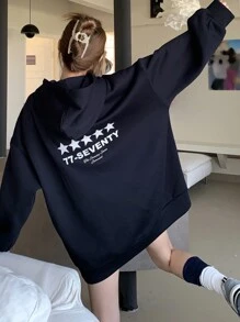 DAZY 女式字母五角星印花连帽卫衣，秋季服装 - 藏蓝色 - 查看 7