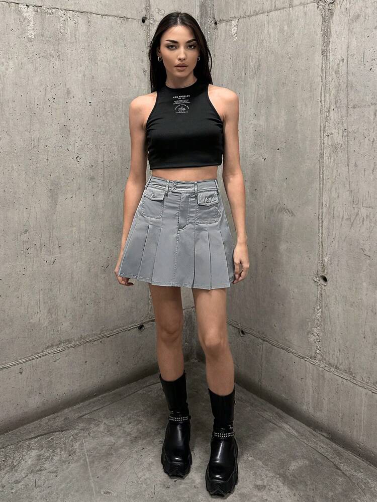 Flap Pocket Front Pleated Skirt