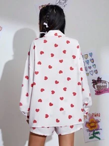SHEIN EZwear Heart Print Shirt And Shorts 2pcs/Set - White - View 2